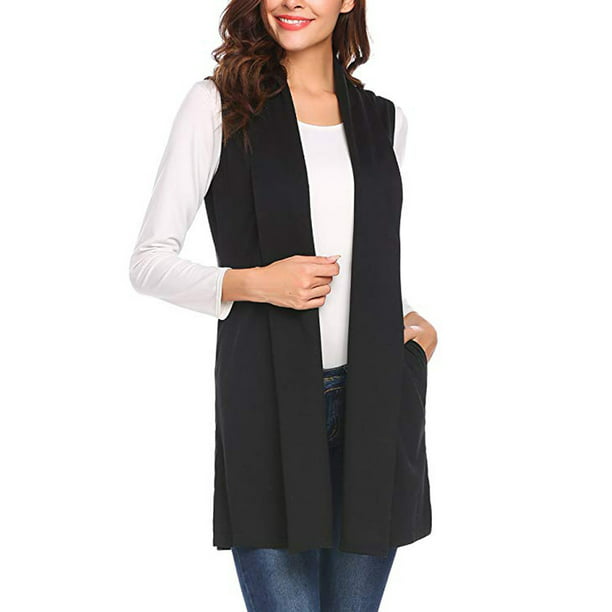 Frieed Women Pockets Sleeveless Fleece Open Front Casual Cardigan Jacket 